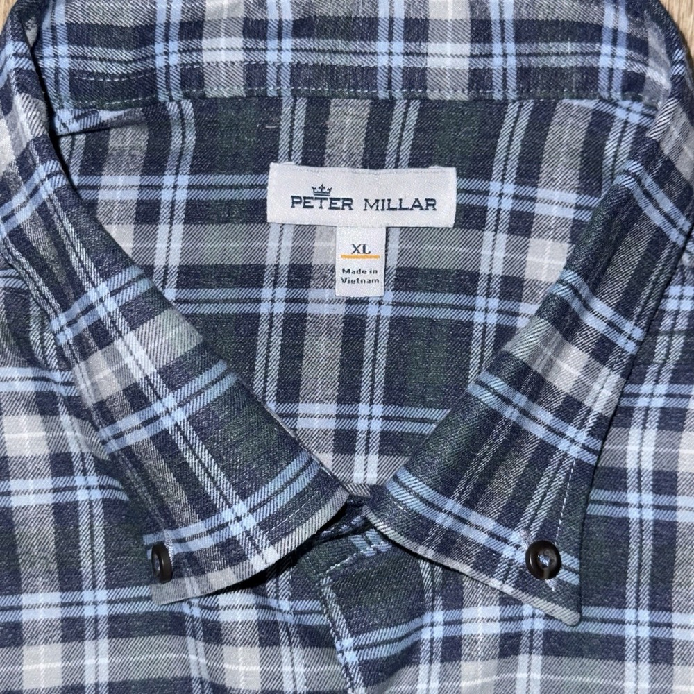 Peter Millar Douglas Check Performance Flannel Shirt Men's XL Blue Grey